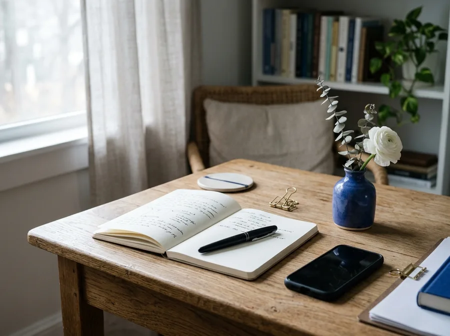 A calm, organised desk in morning light
